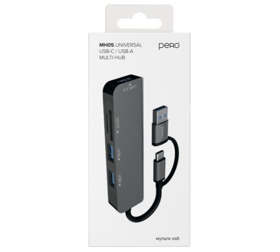 Мульти Хаб PERO MH05, USB-С/USB-A TO SD + TF + USB 3.0 + 2xUSB 2.0, серый MH05GR