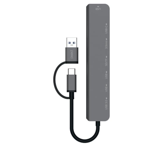 Мульти Хаб PERO MH07, USB-С/USB-A TO SD + TF + AUX 3.5 MM + USB-C + USB 3.0 + 3xUSB 2.0, серый MH07GR