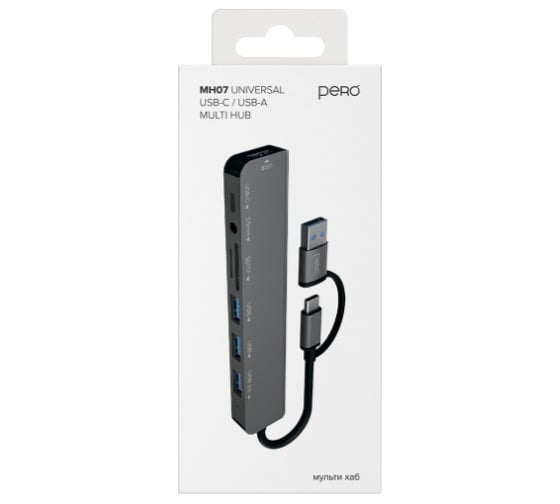 Мульти Хаб PERO MH07, USB-С/USB-A TO SD + TF + AUX 3.5 MM + USB-C + USB 3.0 + 3xUSB 2.0, серый MH07GR