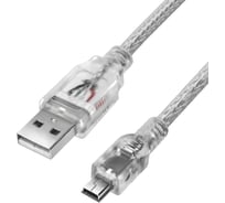 Кабель USB 2.0 PROF 0.15m AM/mini, прозрачный, 28/24 AWG, экранирование, армирование, VIVUMI1M5P-BD2S-0.15m