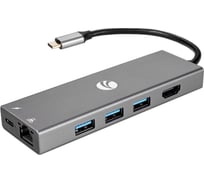 Адаптер VCOM TypeC - 6в1 RJ-45+3USB3.0f +PD+HDMI 1.4 Alum Shell CU459