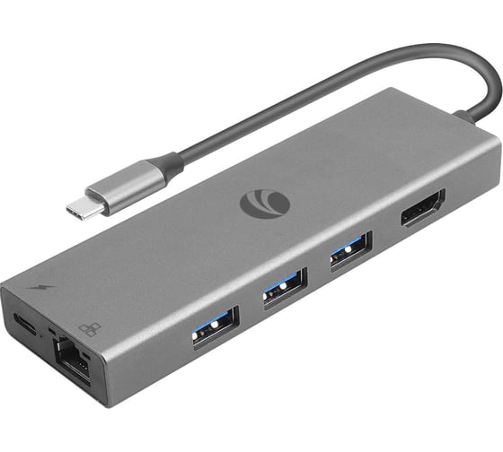 Адаптер VCOM TypeC - 6в1 RJ-45+3USB3.0f +PD+HDMI 1.4 Alum Shell CU459