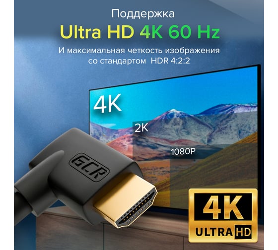 Кабель HDMI 2.0 GCR 2.0m M/M правый угол, черный, HDR, Ultra HD, 3D, AUDIO, 18.0 Гбит/с, 28AWG, VIV52I322
