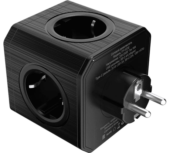 Тройник для розетки AGNI 5 розеток 220, черный TP-VE5E-black