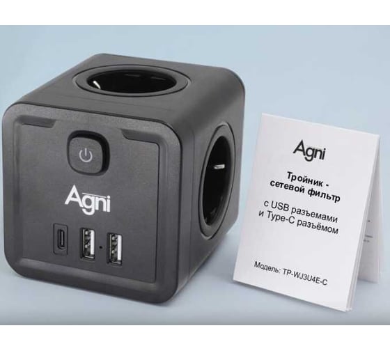 Тройник для розетки AGNI 4 розетки 220 + 2 USB + 1 Type C, черный TP-WJ3U4E-C-black 1
