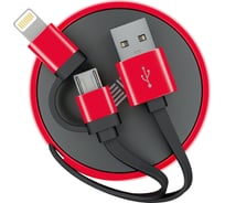 Кабель-рулетка InterStep Lightning+Micro USB2.0, алюминий черно-красный, 0.9м 65588