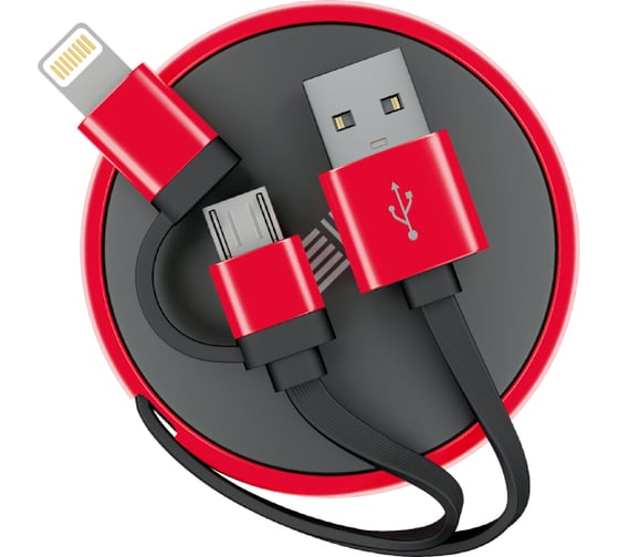 Кабель-рулетка InterStep Lightning+Micro USB2.0, алюминий черно-красный, 0.9м 65588 1