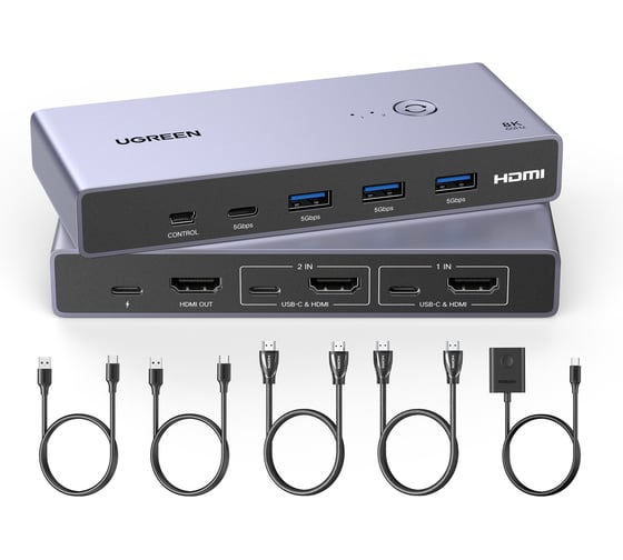Переключатель UGREEN CM692 25961 8K60Hz HDMI 2.1 KVM Switch 2-in-1 Out With Desktop Controller. Цвет: серый 25961_