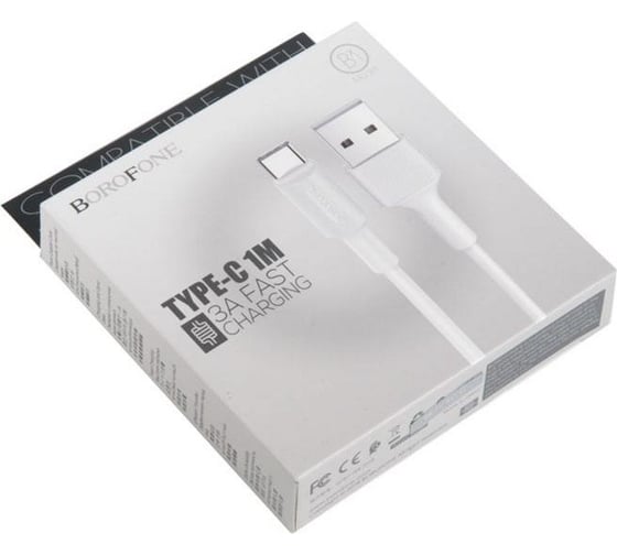 Кабель USB Borofone BX1 для Type-C, быстрая зарядка (fast charge), 3.0А, длина 1м, белый 762141
