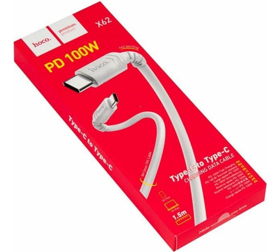 Кабель Type-C Hoco X62 для Type-C, 100W, 5.0A, длина 1м, белый 811464