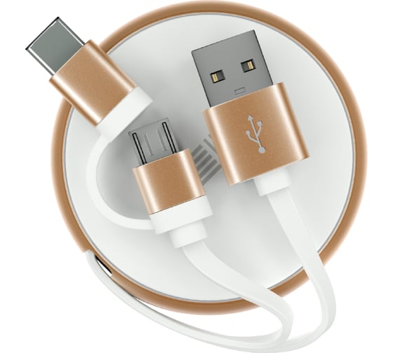 Кабель-рулетка InterStep MicroUSB+TypeC, USB2.0, алюминий бело-золотой, 0.9м 65582 1