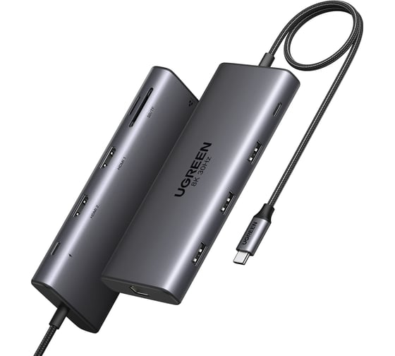 Конвертер UGREEN CM639 35625 8-in-1 4K60Hz USB-C to 2хUSB-A 3.2+2хUSB-C 3.2+2хHDMI+DP+PD port Converter, серый 35625_