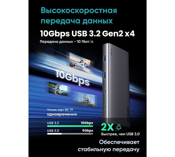 Конвертер UGREEN CM639 35625 8-in-1 4K60Hz USB-C to 2хUSB-A 3.2+2хUSB-C 3.2+2хHDMI+DP+PD port Converter, серый 35625_