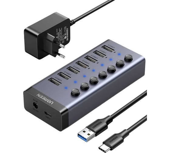 Хаб UGREEN CM481 USB-C to 7-Port USB-A 3.0 Hub DC 12V EU, черный 90307 1