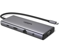 Конвертер UGREEN CM639 45520 11-in-1 4K60Hz 2xUSB-C 3.2+USB-A 3.2+USB-A 3.0+HDMI+VGA+RJ45 Gigabit+SD/TF+AUX3.5mm+PD Converter, серый 45520_