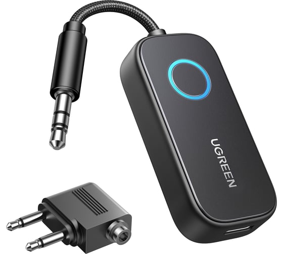 Адаптер Bluetooth приемник/передатчик UGREEN CM672 Bluetooth 5.2 Audio TransmitterReceiver с адаптером для наушников в самолете, серый 35222A