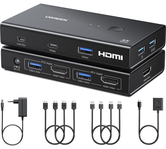 Переключатель UGREEN AK502 45452 HDMI 2.0 KVM Switch 2 In 1 Out, черный 45452_