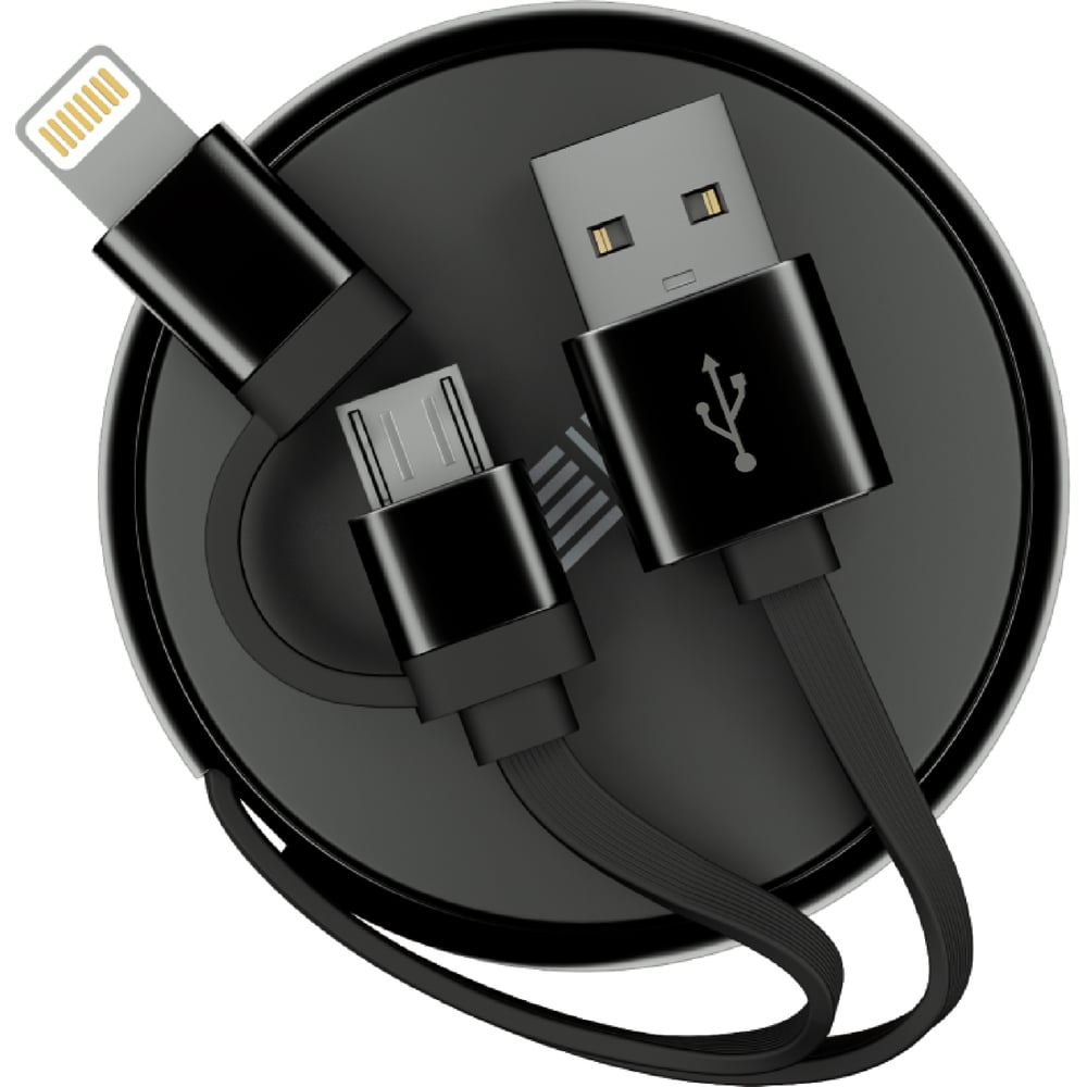 Кабель-рулетка InterStep Lightning+Micro USB2.0, алюминий черно-черный ...