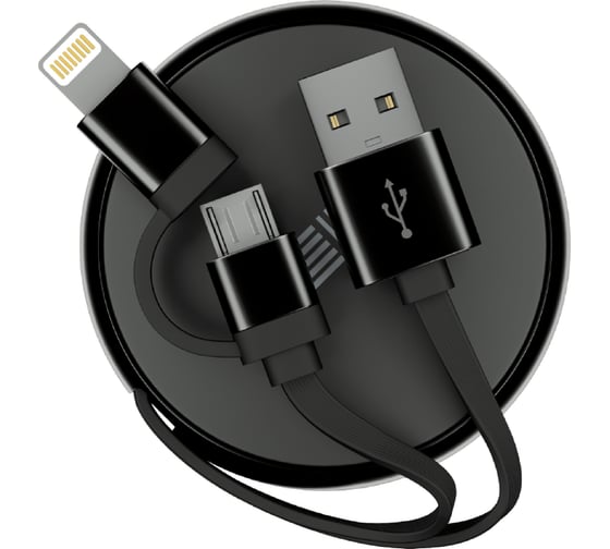 Кабель-рулетка InterStep Lightning+Micro USB2.0, алюминий черно-черный, 0.9м 65585 1