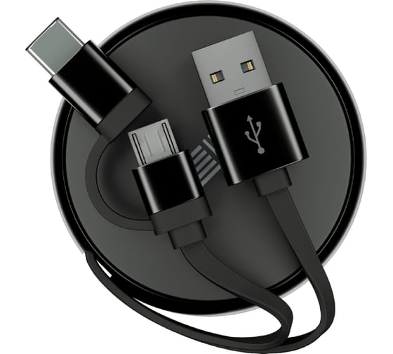 Кабель-рулетка InterStep MicroUSB+TypeC, USB2.0, алюминий черно-черный, 0.9м 65576