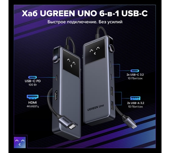 Конвертер UGREEN CM888 35998 UNO 6-in-1 4K60Hz USB-C To HDMI+2хUSB 3.2 A+2хUSB 3.2 C+PD Power Converter. Цвет: серый 35998_