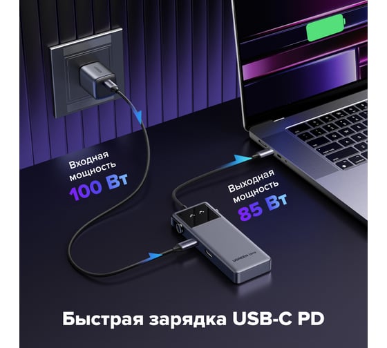 Конвертер UGREEN CM888 35998 UNO 6-in-1 4K60Hz USB-C To HDMI+2хUSB 3.2 A+2хUSB 3.2 C+PD Power Converter. Цвет: серый 35998_