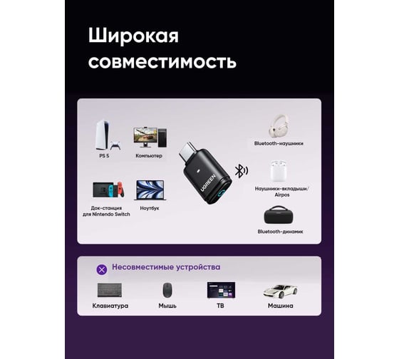 Адаптер UGREEN BT501 45008 USB-C Bluetooth Transmitter Audio Adapter For PC/PS5/Switch. Цвет: серый 45008_