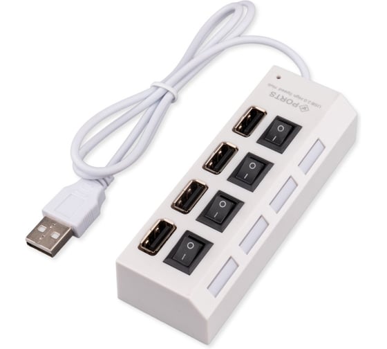 Разветвитель Gembird USB2.0, 4хUSB, с доп. питанием, подсветка и выключатели, кабель USB 55см, белый, коробка UHB-243-ADW