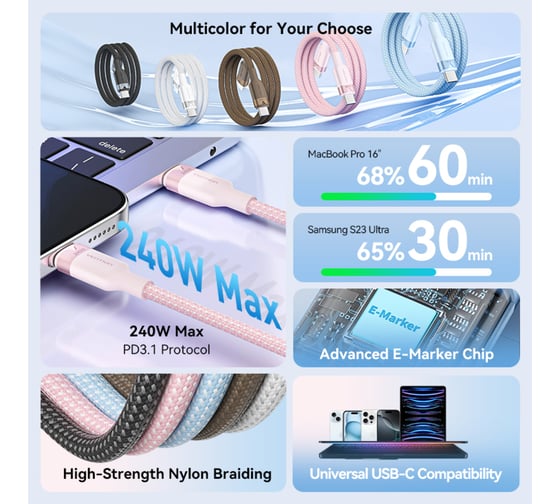 Кабель VENTION USB 2.0 CM/CM - 1м, бронза, 5А PD240W TRIJF
