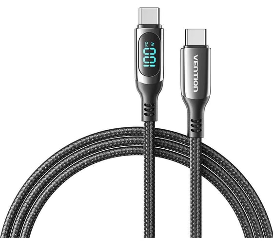 Кабель VENTION USB 2.0 CM/CM с LED дисплеем - 1.2м, черный, 5А PD100W TAYBAV