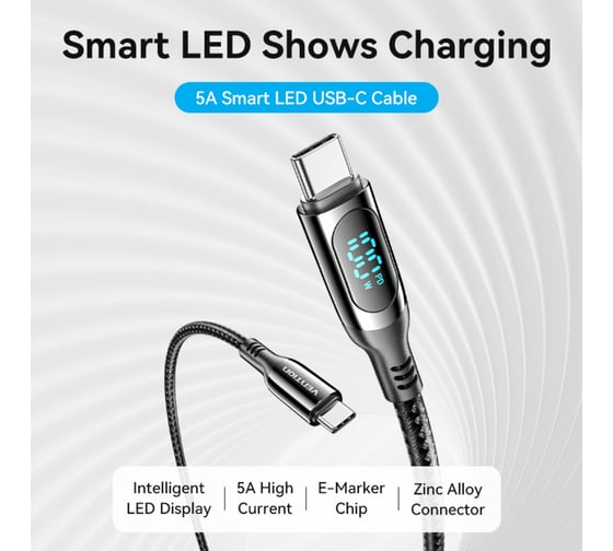Кабель VENTION USB 2.0 CM/CM с LED дисплеем - 1.2м, черный, 5А PD100W TAYBAV