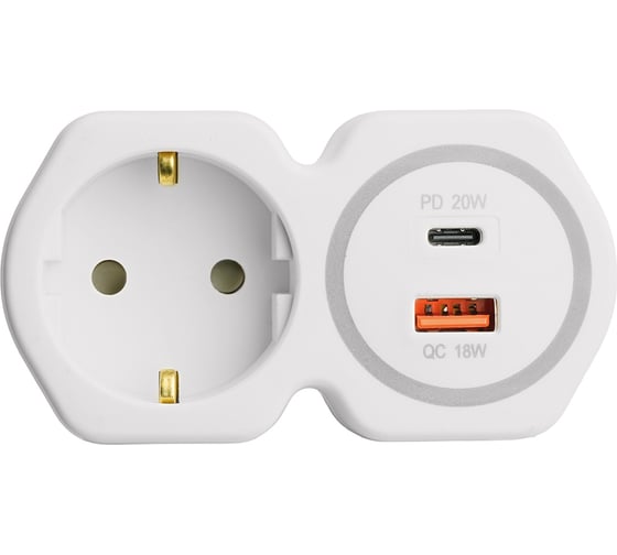 Разветвитель сетевой STEKKER на 1 выход, с заземлением, 250В, 16А, USB A+ Type C, 2,4А, PD, белый/серый, ADP16-16-20 50109