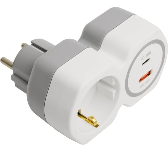 Разветвитель сетевой STEKKER на 1 выход, с заземлением, 250В, 16А, USB A+ Type C, 2,4А, PD, белый/серый, ADP16-16-20 50109