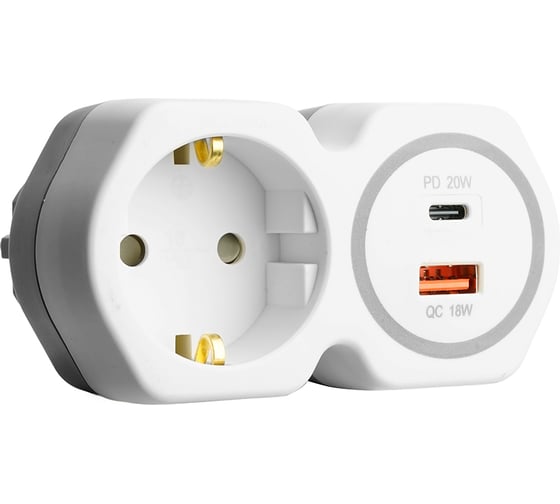 Разветвитель сетевой STEKKER на 1 выход, с заземлением, 250В, 16А, USB A+ Type C, 2,4А, PD, белый/серый, ADP16-16-20 50109
