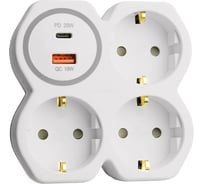 Разветвитель сетевой STEKKER на 3 выхода, с заземлением, 250В, 16А, USB A+Type C, 2,4А, PD, белый/серый ADP16-17-20 50110