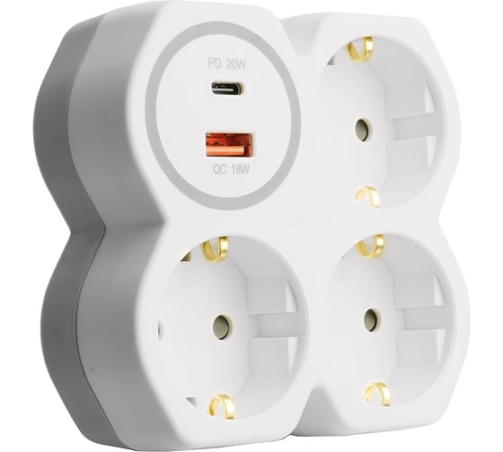 Разветвитель сетевой STEKKER на 3 выхода, с заземлением, 250В, 16А, USB A+Type C, 2,4А, PD, белый/серый ADP16-17-20 50110
