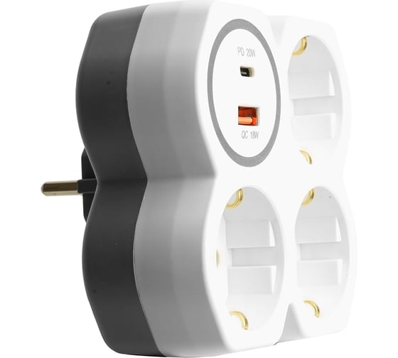 Разветвитель сетевой STEKKER на 3 выхода, с заземлением, 250В, 16А, USB A+Type C, 2,4А, PD, белый/серый ADP16-17-20 50110