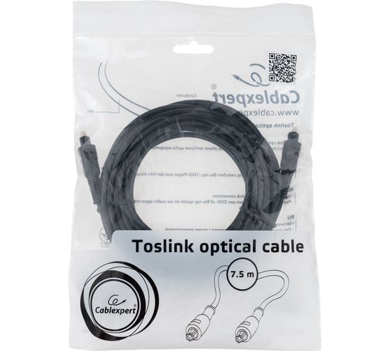 Кабель оптический Cablexpert Toslink 2xODT M/M, 7.5м, черный, пакет CC-OPT-7.5M-N