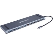 Док-станция Gembird Type-C, 12в1: 2xUSB3.1, USB2.0, RJ45, Type-C PD87W, Jack 3.5, SD/TF, 2xHDMI, VGA, Type-C, кабель 23см, алюминий, UHB-D6