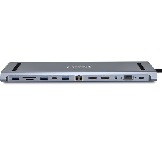 Док-станция Gembird Type-C, 12в1: 2xUSB3.1, USB2.0, RJ45, Type-C PD87W, Jack 3.5, SD/TF, 2xHDMI, VGA, Type-C, кабель 23см, алюминий, UHB-D6