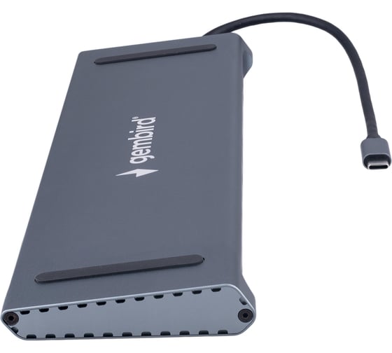 Док-станция Gembird Type-C, 12в1: 2xUSB3.1, USB2.0, RJ45, Type-C PD87W, Jack 3.5, SD/TF, 2xHDMI, VGA, Type-C, кабель 23см, алюминий, UHB-D6