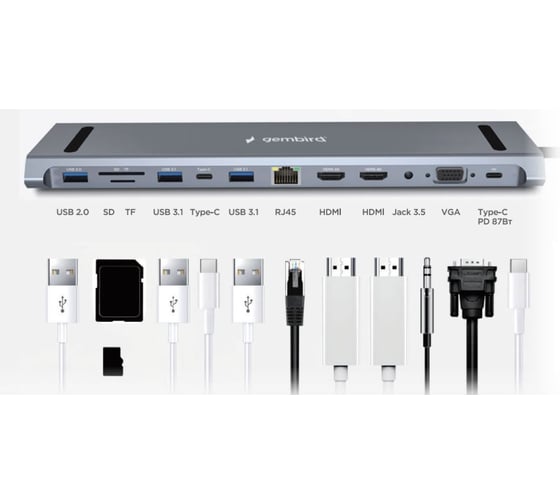 Док-станция Gembird Type-C, 12в1: 2xUSB3.1, USB2.0, RJ45, Type-C PD87W, Jack 3.5, SD/TF, 2xHDMI, VGA, Type-C, кабель 23см, алюминий, UHB-D6