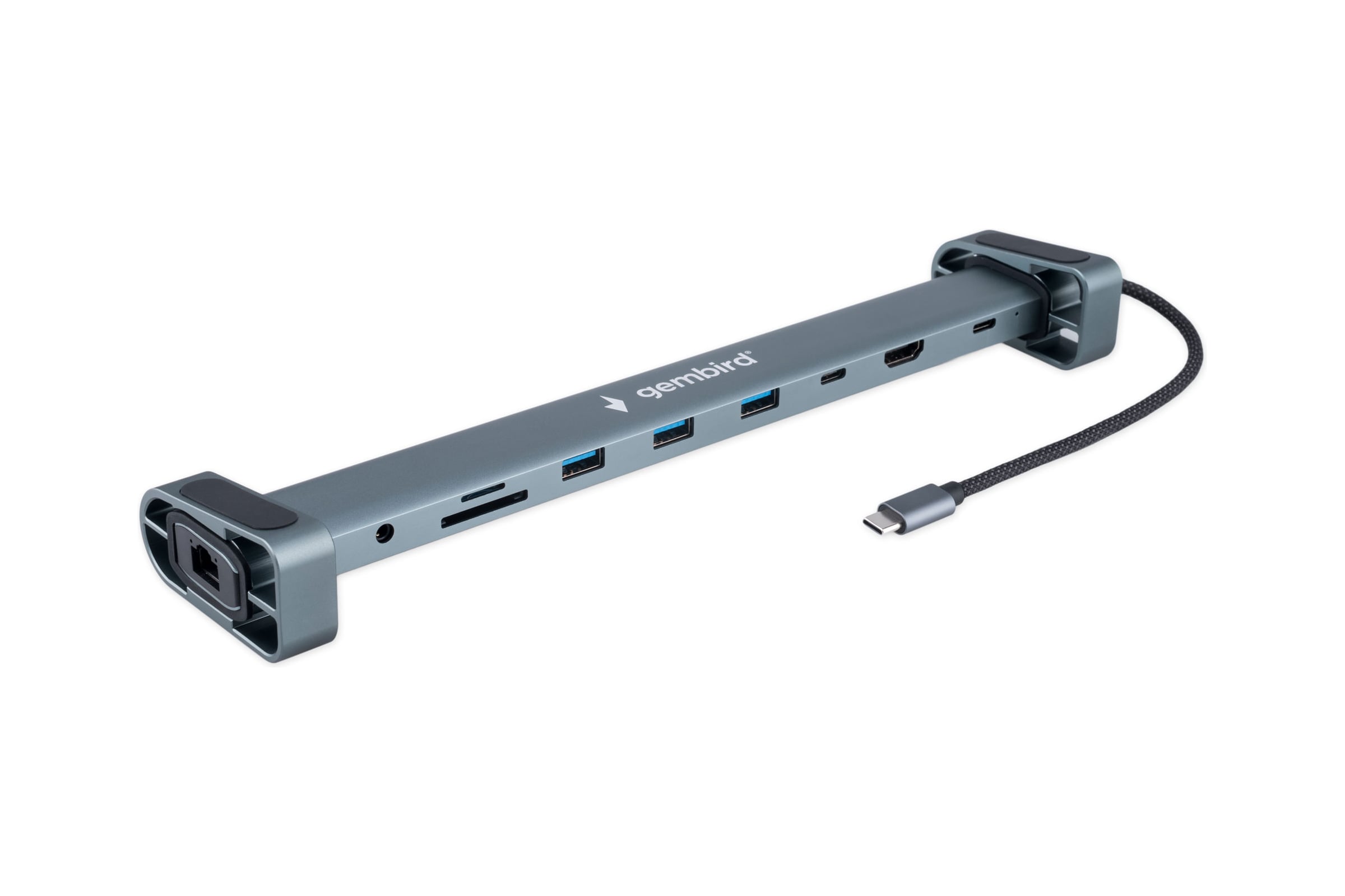Док-станцияGembirdType-C,10в1:3xUSB3.1,Type-CPD87W,Jack3.5,SD/TF,HDMI,RJ45,Type-C,кабель14см,алюминий,UHB-D5