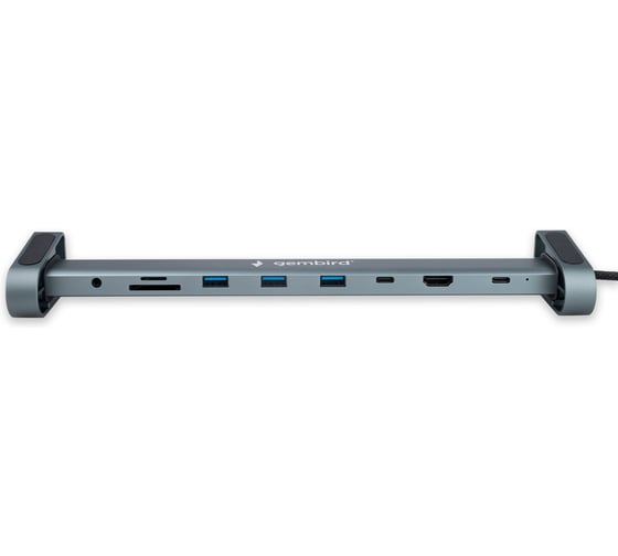 Док-станция Gembird Type-C, 10в1: 3xUSB3.1, Type-C PD87W, Jack 3.5, SD/TF, HDMI, RJ45, Type-C, кабель 14см, алюминий, UHB-D5