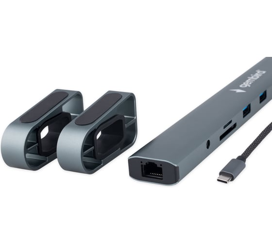 Док-станция Gembird Type-C, 10в1: 3xUSB3.1, Type-C PD87W, Jack 3.5, SD/TF, HDMI, RJ45, Type-C, кабель 14см, алюминий, UHB-D5