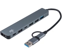 Разветвитель Gembird USB3.0/2.0, USB3.0, 4хUSB2.0, Type-C, с доп.питанием (порт Type-C), кабель Type-C/USB 17см, алюминий, коробка, UHB-C445