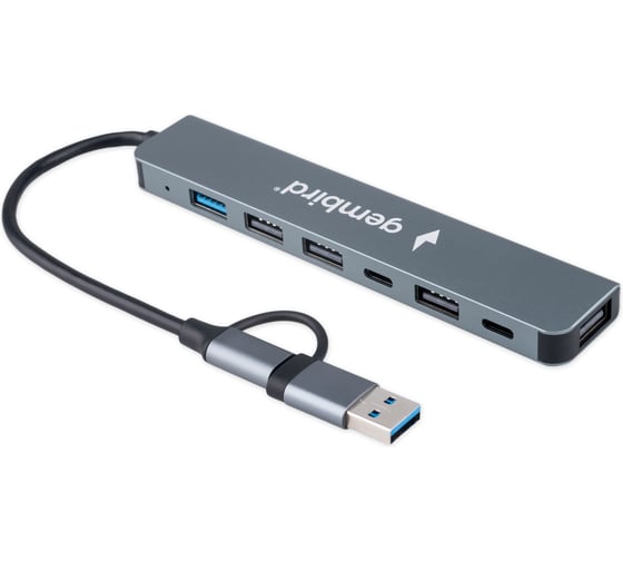 Разветвитель Gembird USB3.0/2.0, USB3.0, 4хUSB2.0, Type-C, с доп.питанием (порт Type-C), кабель Type-C/USB 17см, алюминий, коробка, UHB-C445