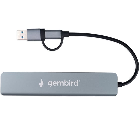 Разветвитель Gembird USB3.0/2.0, USB3.0, 4хUSB2.0, Type-C, с доп.питанием (порт Type-C), кабель Type-C/USB 17см, алюминий, коробка, UHB-C445