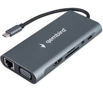 Док-станция Gembird Type-C, 10в1: 3xUSB3.1, Type-C PD87W, Jack 3.5, SD/TF, HDMI, RJ45, VGA, кабель 15см, алюминий, UHB-D4