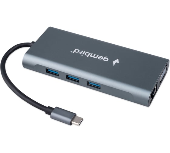 Док-станция Gembird Type-C, 10в1: 3xUSB3.1, Type-C PD87W, Jack 3.5, SD/TF, HDMI, RJ45, VGA, кабель 15см, алюминий, UHB-D4